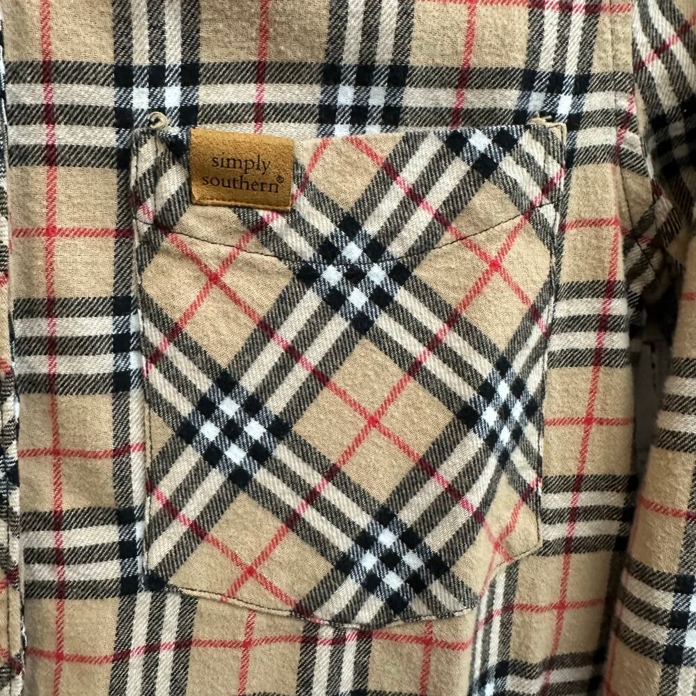 Simply Southern Long Sleeve Flannel Tan Black Red Plaid Women's Small - Picture 3 of 9